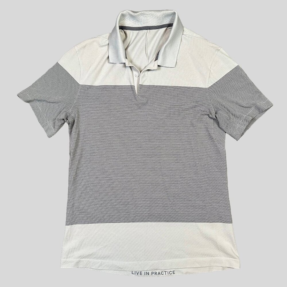 Lululemon Tech Pique Polo Grey Striped Collared Short Sleeve Shirt Medium